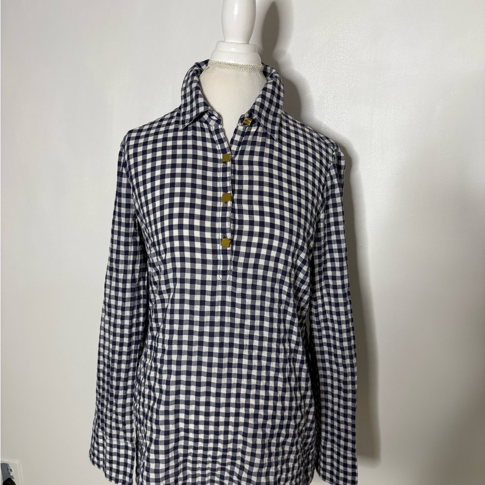 TORY BURCH, gingham Navy and White Checkered Button-Up Shirt Sz 10